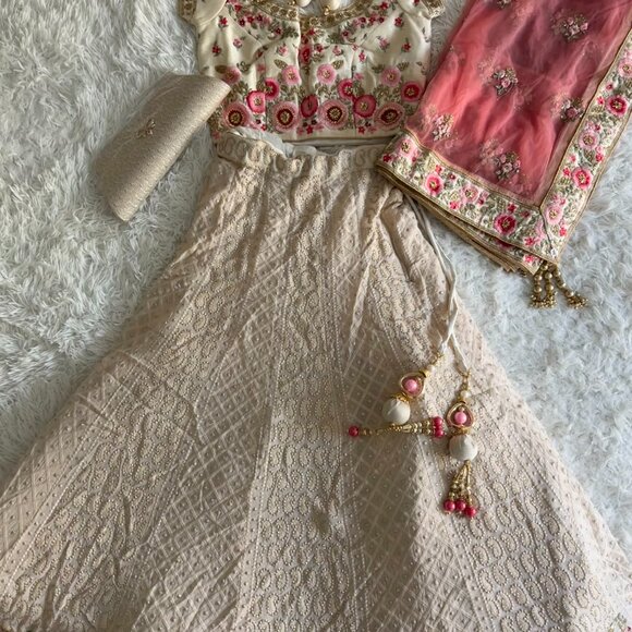 Elegant Cream and Pink Embroidered Lehenga - Picture 3 of 7